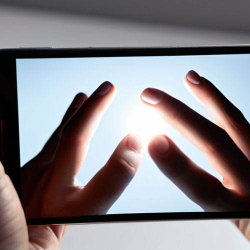 Home 7 A person's hands gently holding a sleek, minimalist tech device, with a soft glow emanating from the screen that illuminates their serene, absorbed expression. Focus on the seamless, intuitive connection and the tactile pleasure of the interaction. Elegant, inviting light, shallow depth of field, high-fidelity textures. User experience, human-centered design.