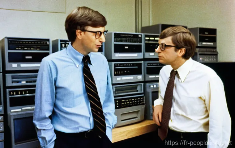빌 게이츠 창업 이야기 - **Prompt:** "A young Bill Gates and Paul Allen, full of intense focus, collaborating in a cluttered,...