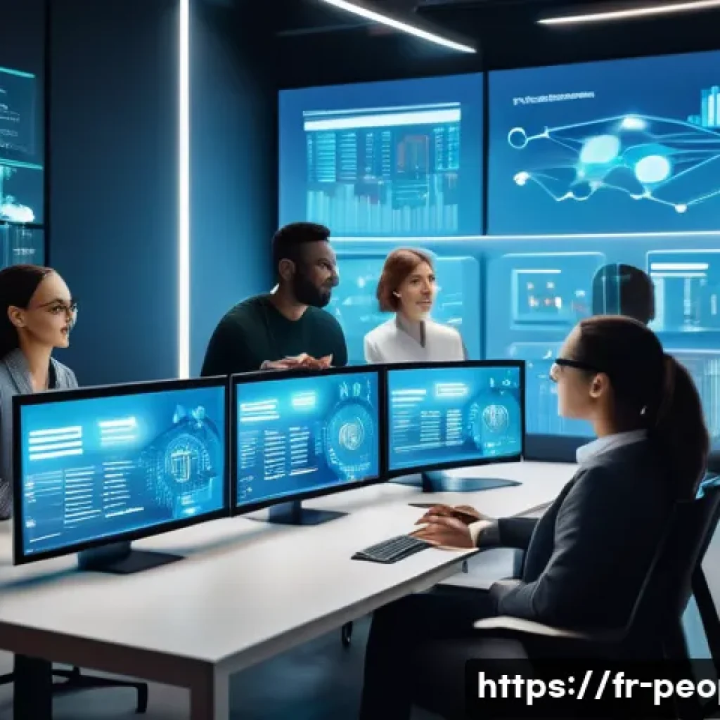 제프 베조스 기업 혁신 - A futuristic corporate office scene showing a diverse team of professionals in a sleek, modern works...