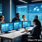 제프 베조스 기업 혁신 - A futuristic corporate office scene showing a diverse team of professionals in a sleek, modern works...