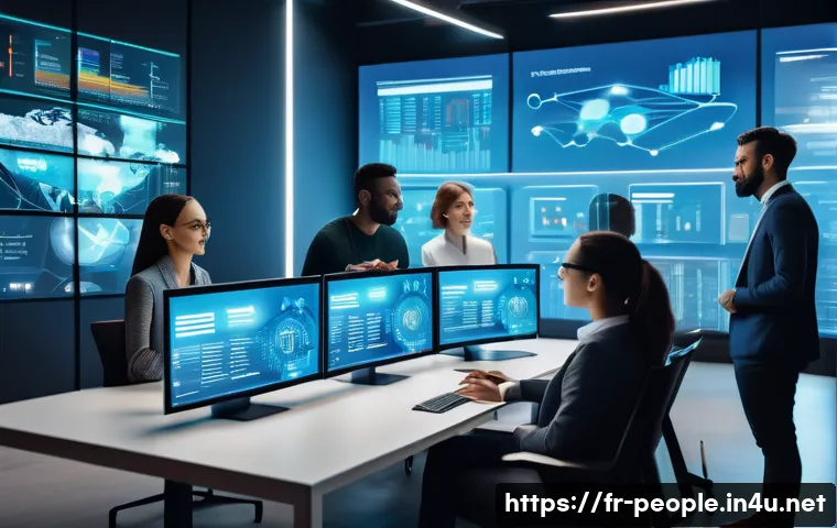 제프 베조스 기업 혁신 - A futuristic corporate office scene showing a diverse team of professionals in a sleek, modern works...