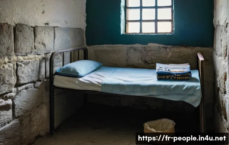 넬슨 만델라 감옥 생활 - A detailed, realistic depiction of Nelson Mandela’s small, cramped prison cell on Robben Island, sho...