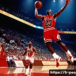 마이클 조던 농구 혁명 - A dynamic, hyper-realistic basketball scene capturing Michael Jordan in mid-air performing a signatu...