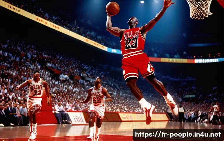 마이클 조던 농구 혁명 - A dynamic, hyper-realistic basketball scene capturing Michael Jordan in mid-air performing a signatu...