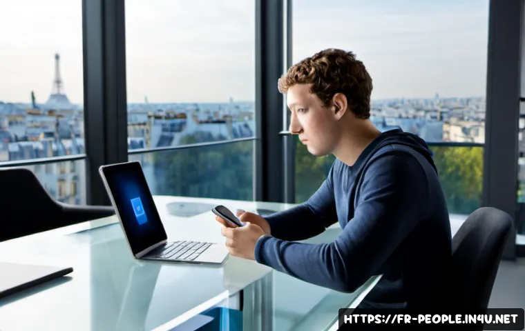 마크 저커버그 개인정보 보호 문제 - Photorealistic editorial scene of a young tech billionaire resembling Mark Zuckerberg seated at a mi...