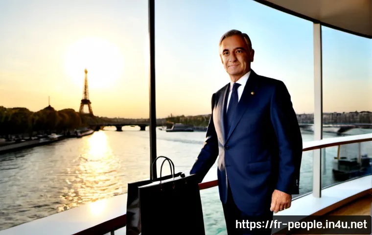 베르나르 아르노 글로벌 경제 영향 - Photorealistic editorial scene of a distinguished senior French business leader in a tailored navy s...